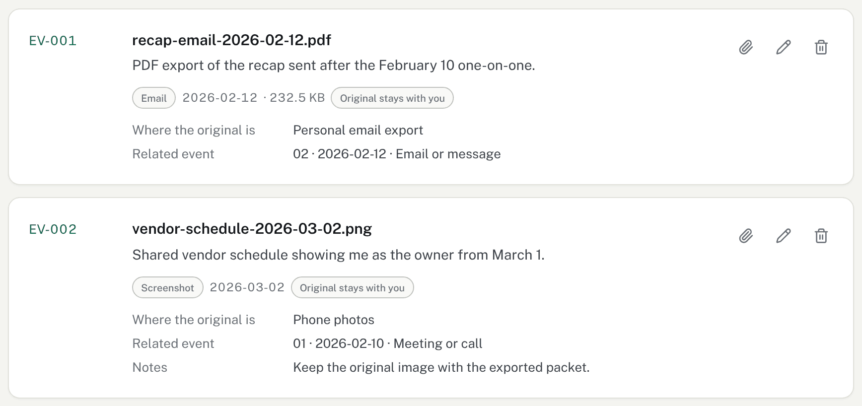 The records list showing an email PDF and a screenshot, each linked to a timeline entry and marked not stored.